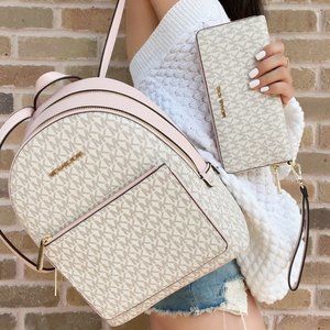 Michael Kors Medium Adina Backpack Vanilla MK Pink Blush + Continental Wristlet